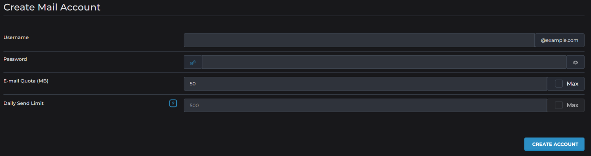 Fields needed to create an email account