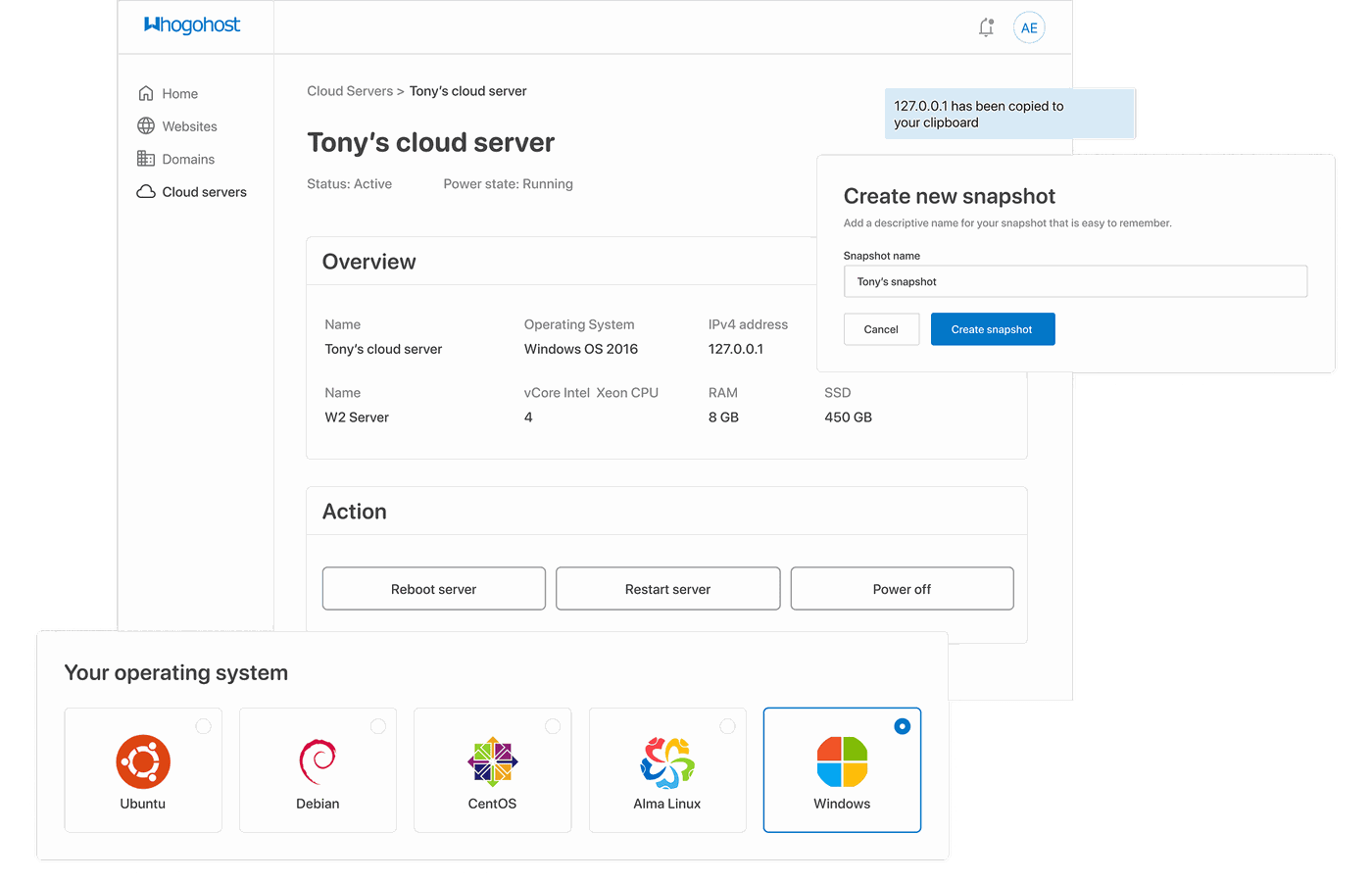WhoGoHost Windows VDS server dashboard