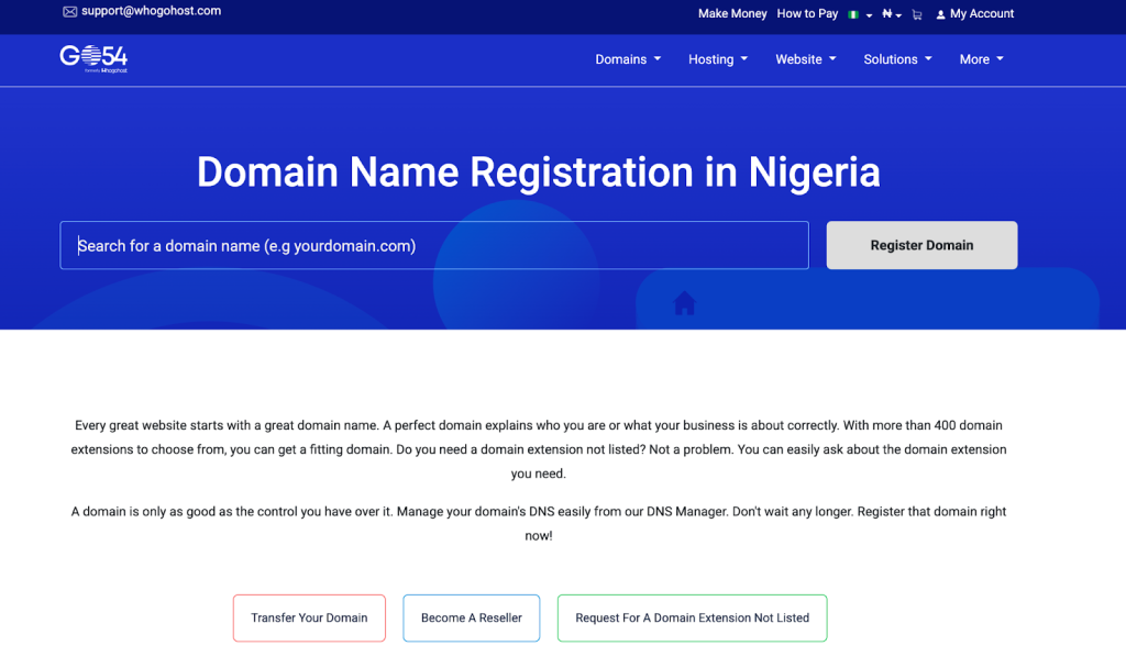 Whogohost domain name registration main page with search bar
