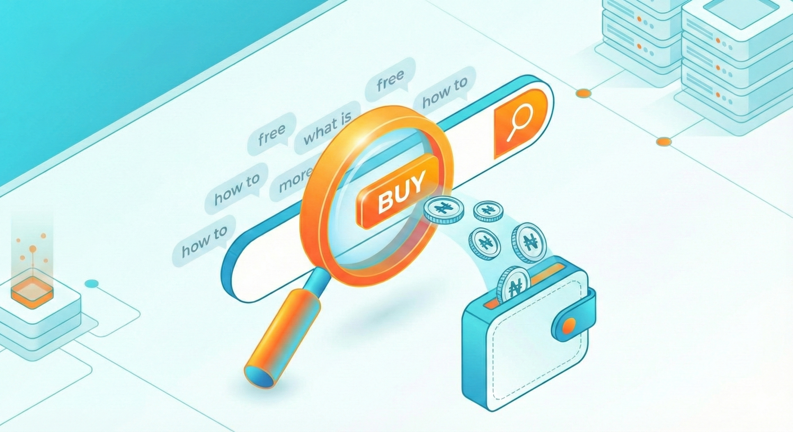 A 3D isometric graphic featuring a magnifying glass focusing on a "BUY" button, with Nigerian Naira coins flowing into a digital wallet, representing affiliate marketing and search engine optimization.