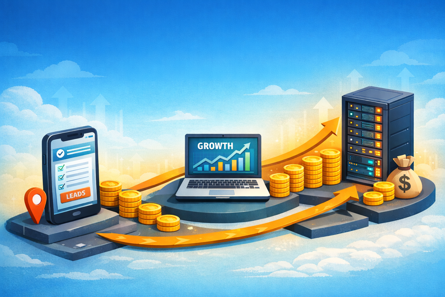Isometric 3D illustration showing a roadmap of growth from a smartphone to a laptop to a full server rack, representing scaling an affiliate business, with coins stacking up, designed in cyan and orange.