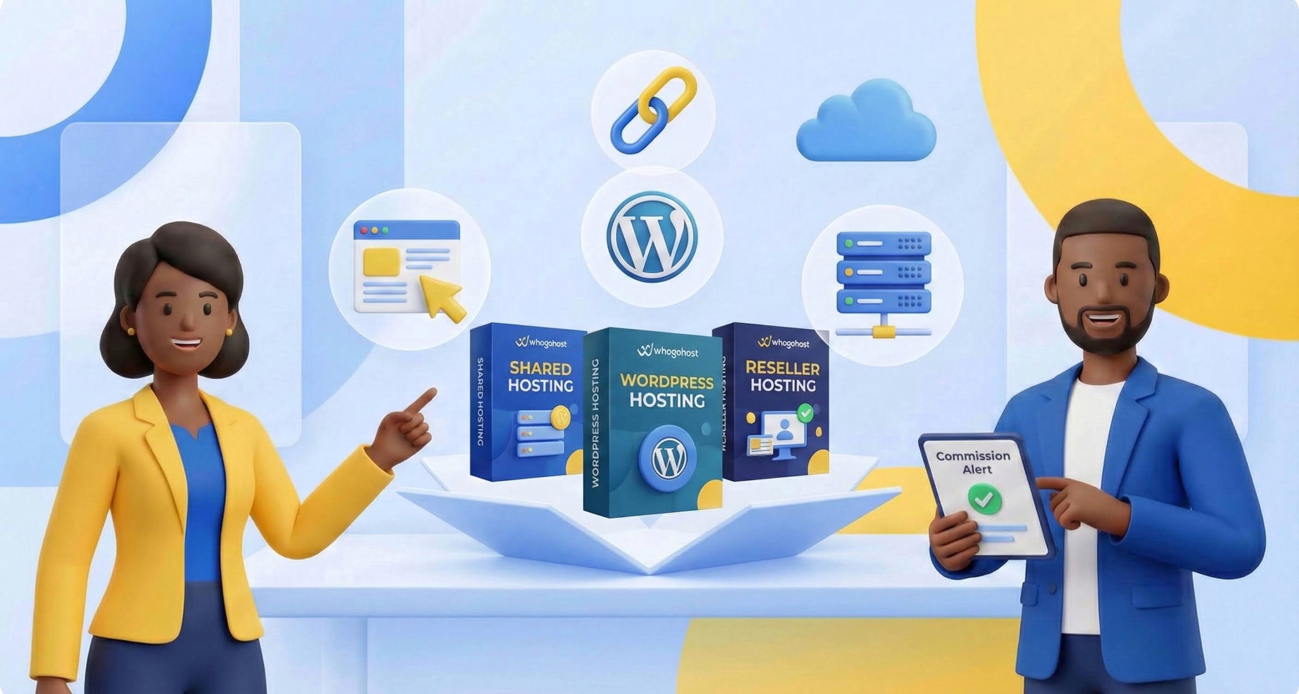 D illustration of Whogohost affiliates analyzing top products to promote, featuring boxes for Shared Hosting, WordPress Hosting, and Reseller Hosting alongside growth charts and commission alerts.