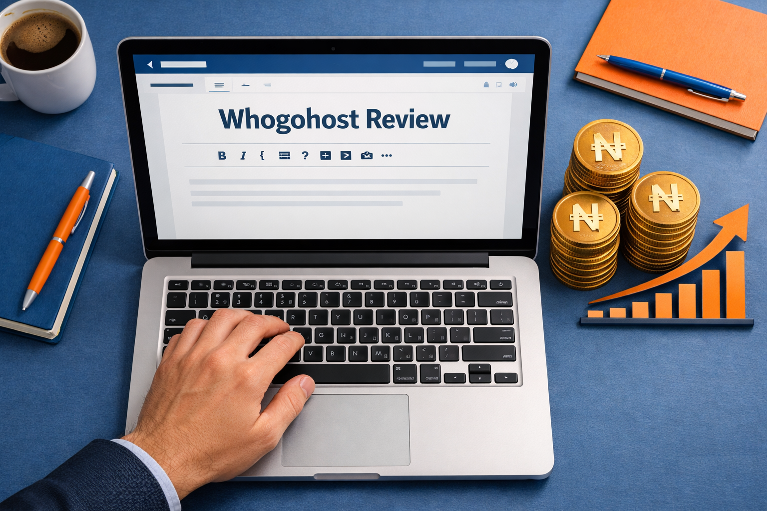 Laptop screen displaying a Whogohost Review draft next to stacks of gold Naira coins and a growth chart, illustrating how to make money blogging in Nigeria.