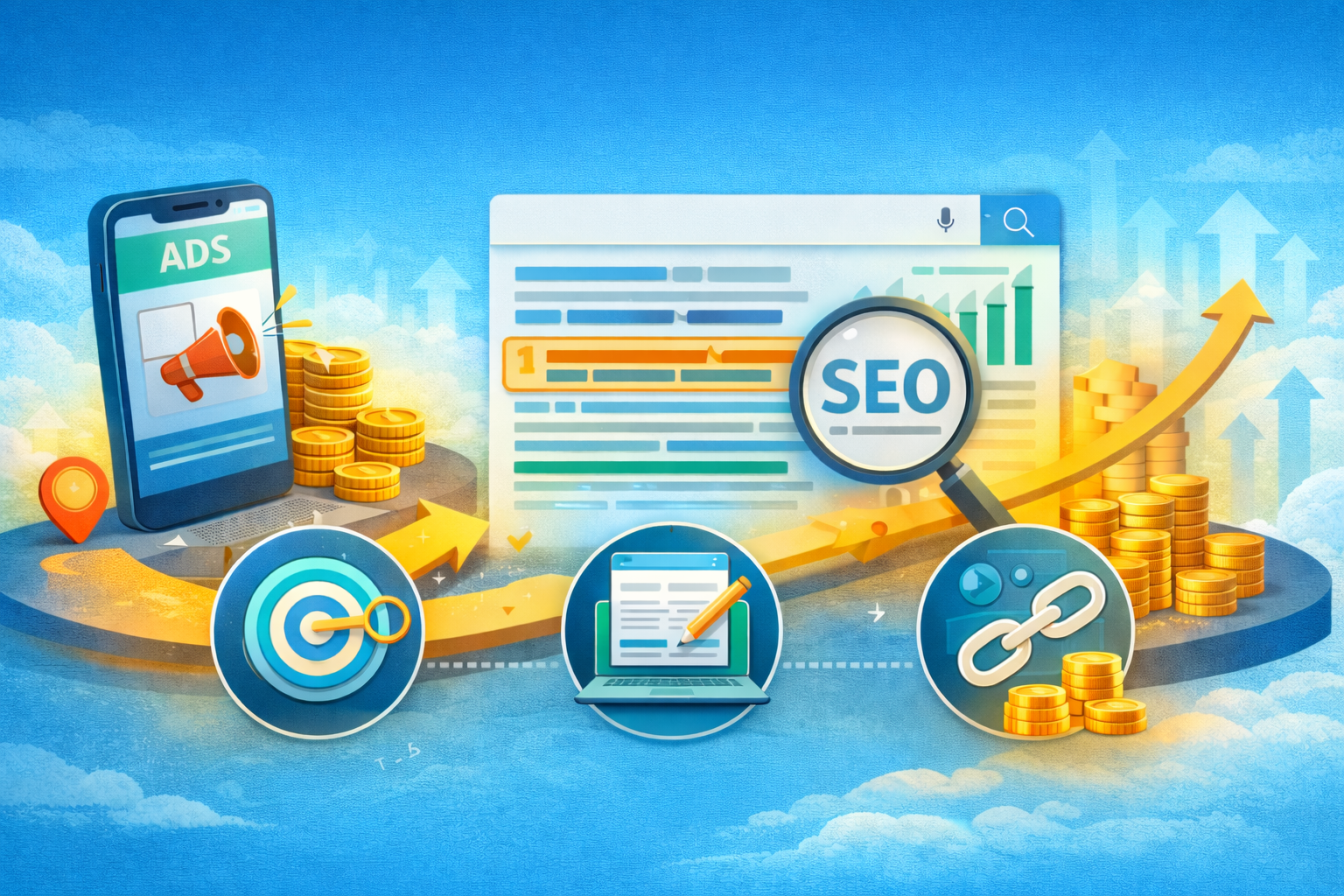 Isometric 3D illustration of a digital SEO dashboard showing rising search rankings and keyword graphs, designed in cyan blue and orange, representing growth in affiliate traffic.